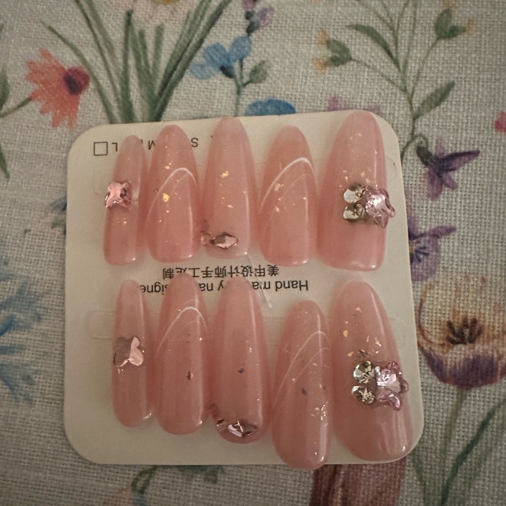 Glossy Pink Rhinestone Nails